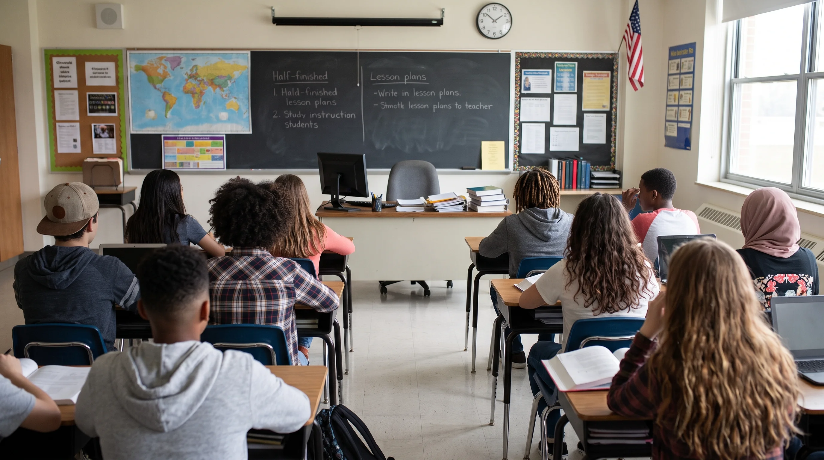 A view from the back of a bright classroom showing diverse middle or high school students seated at desks with open notebooks and laptops. They face forward toward an empty teacher's desk with a computer monitor, stacks of papers, and an empty swivel chair. In the background, a blackboard displays handwritten notes about lesson plans, flanked by a world map, bulletin boards, and an American flag by the window