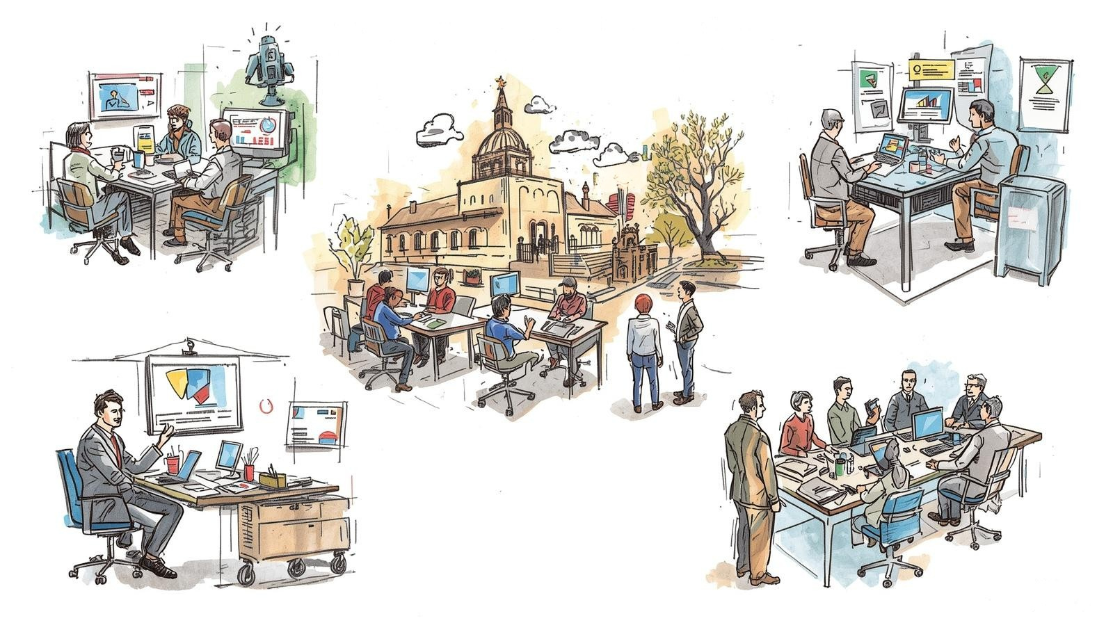 Illustrated scenes of higher education professionals working with technology. Faculty and administrators collaborate in offices, meetings, and computer workstations around a central university building, representing research, data analysis, and AI-related work across campus roles.