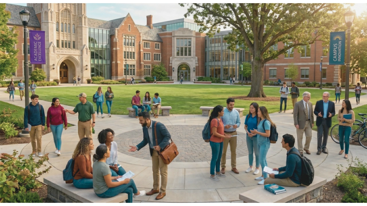 A vibrant university quad filled with students and faculty interacting on a sunny day, with collegiate brick buildings, a green lawn, and banner signs reading "Academic Excellence" and "Campus Innovation" in the background.