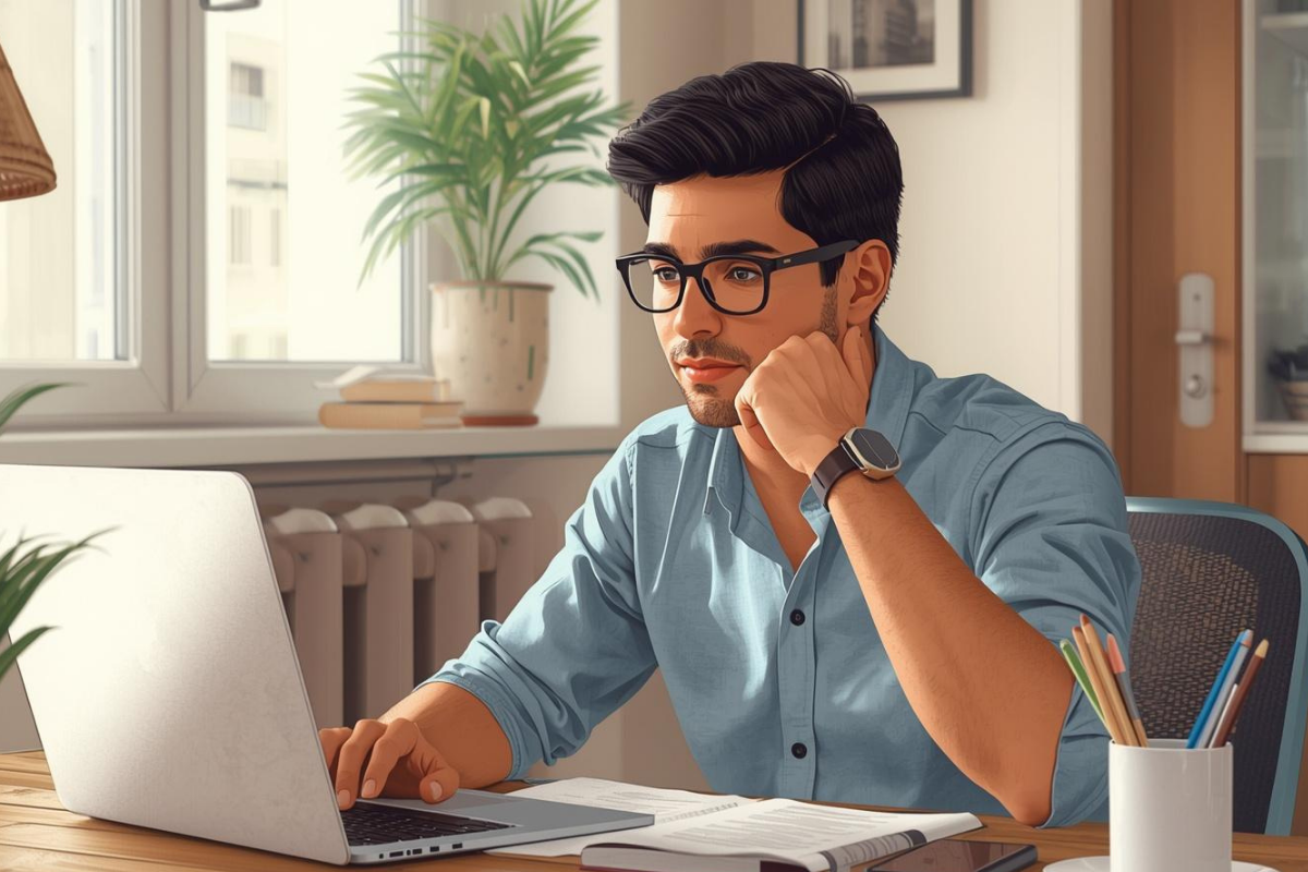 A digital illustration of a young man with dark hair and glasses sitting at a wooden desk, focused on a silver laptop. He is wearing a light blue button-down shirt and a smartwatch, resting his chin on one hand while his other hand operates the laptop. The desk is organized with a notebook, a smartphone, and a cup of colorful pencils. The background shows a bright, modern room with a large window and a potted plant.