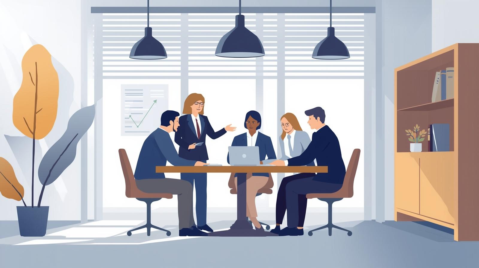Illustration of a professional team meeting around a conference table with laptops and documents. A presenter stands and gestures toward a chart while colleagues discuss information, representing collaboration, research, and workplace decision-making.
