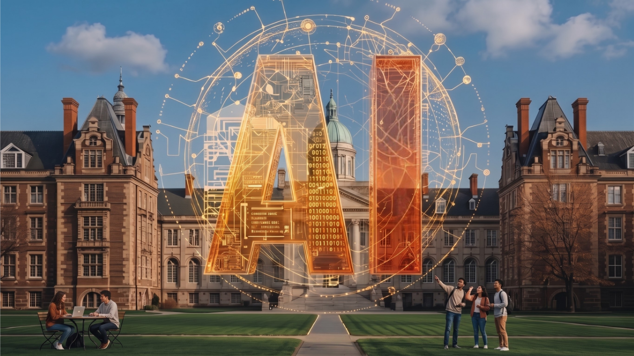 A digital, glowing orange 3D graphic of the letters "AI" surrounded by a network sphere, superimposed over a university campus courtyard with students.