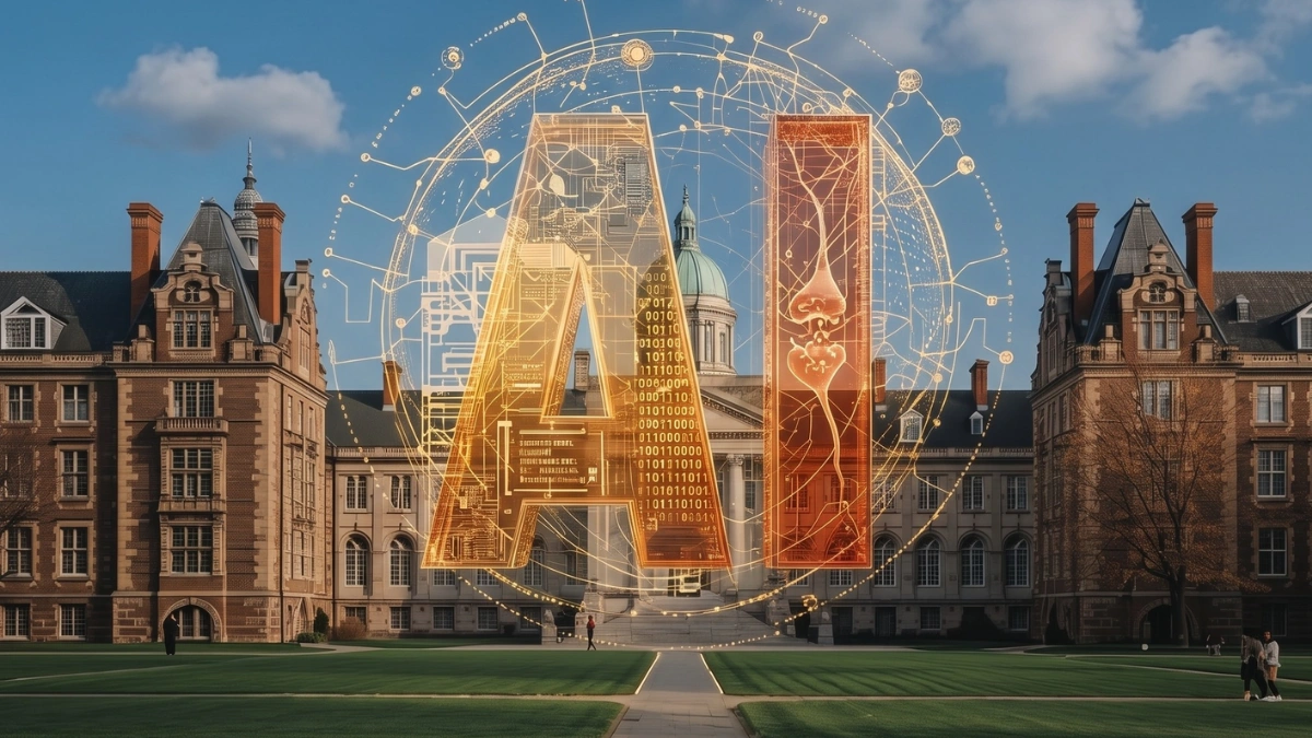 The image features a large, glowing, three-dimensional graphic of the letters "AI" centered in the foreground.