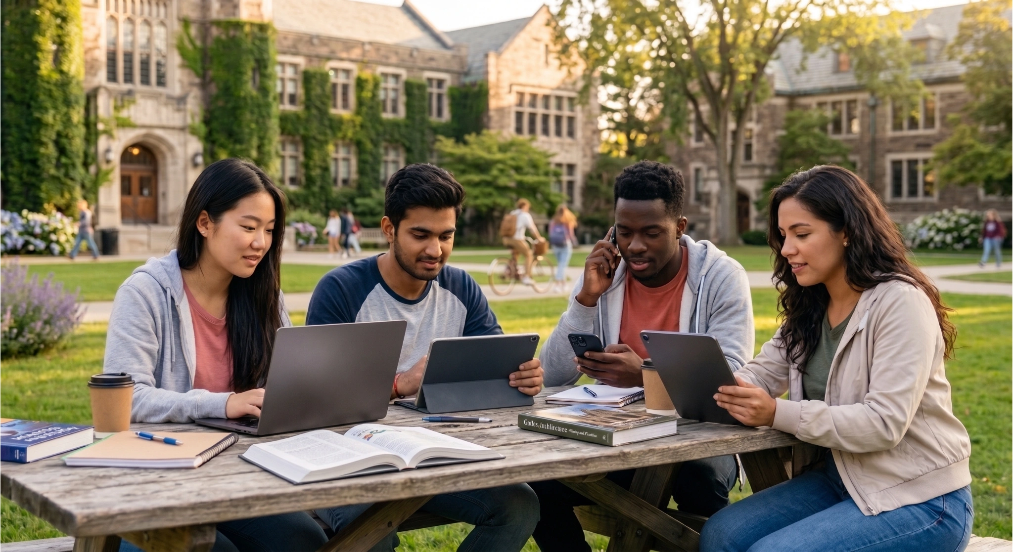 Four diverse college students—two men and two women—sit around a wooden picnic table on a sunny university campus with historic stone buildings in the background. Left to right: an East Asian woman typing on a laptop, a South Asian man viewing a tablet, a Black man speaking on a phone while looking at a tablet, and a Latina woman interacting with a tablet. The table is filled with open textbooks, notebooks, pens, and paper coffee cups.