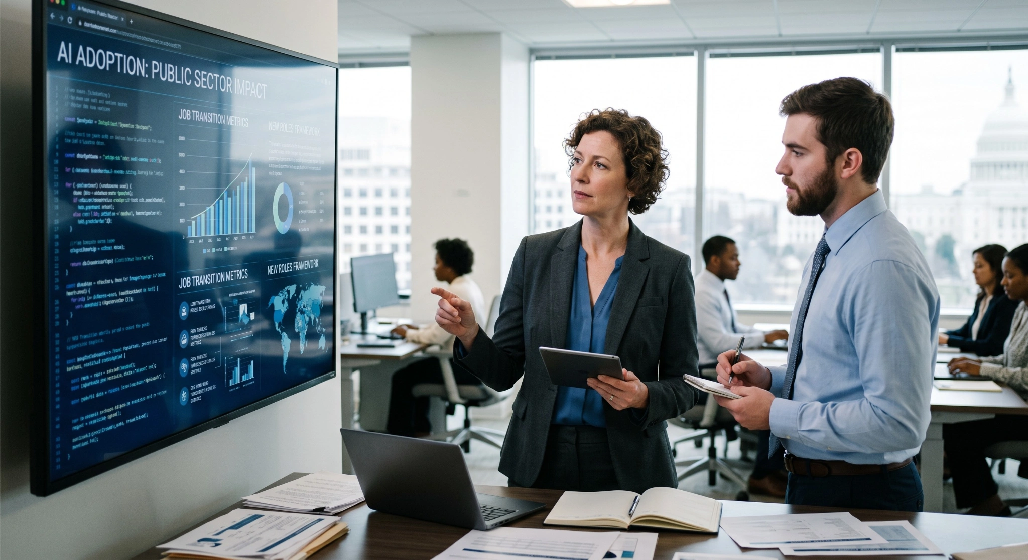 “Professionals review AI adoption and job transition data on a large digital display in a modern office.”