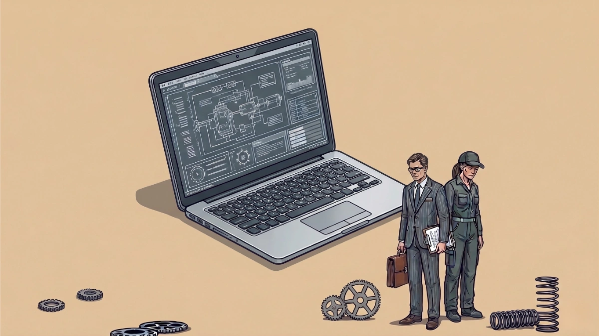 An illustration featuring a large open laptop displaying a detailed mechanical blueprint or CAD diagram on its screen. To the right of the laptop, two small human figures stand side-by-side: a man in a professional suit holding a briefcase and clipboard, and a woman in an industrial jumpsuit and cap. Scattered across the foreground are various mechanical components, including several gears of different sizes and two coiled springs, all set against a neutral, tan background.