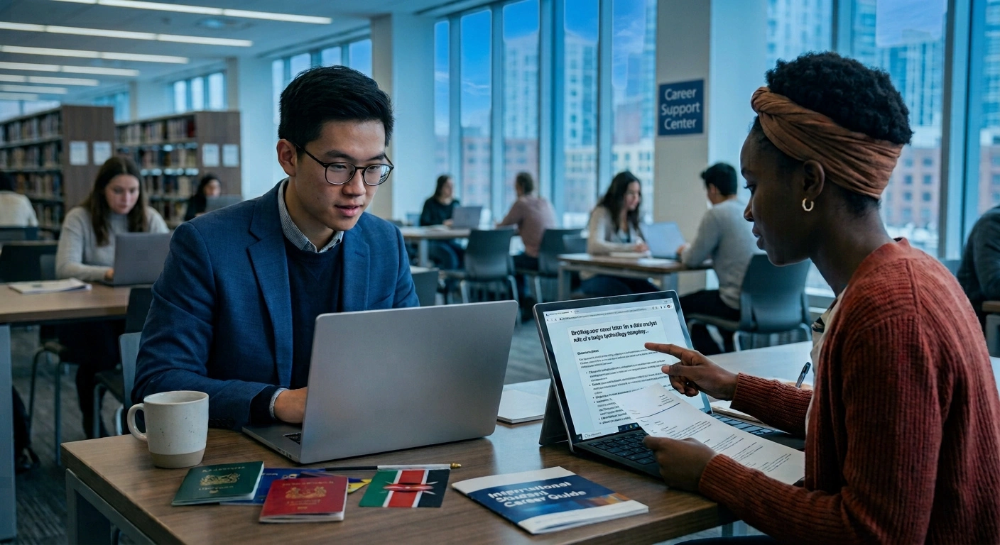 International student meets with a career advisor at a university career support center, reviewing job application materials on a laptop.