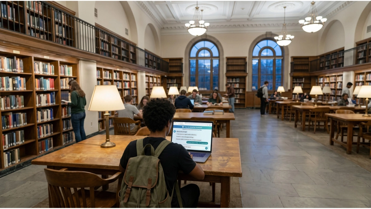 A wide shot of a traditional university library hall with high arched ceilings, large windows, and rows of wooden bookshelves. In the foreground, a student with a green backpack sits facing away from the camera, looking at a laptop screen showing a chat interface titled Your AI Librarian Assistant. Other students are scattered throughout the room, studying at tables illuminated by warm lamps or browsing the bookshelves.