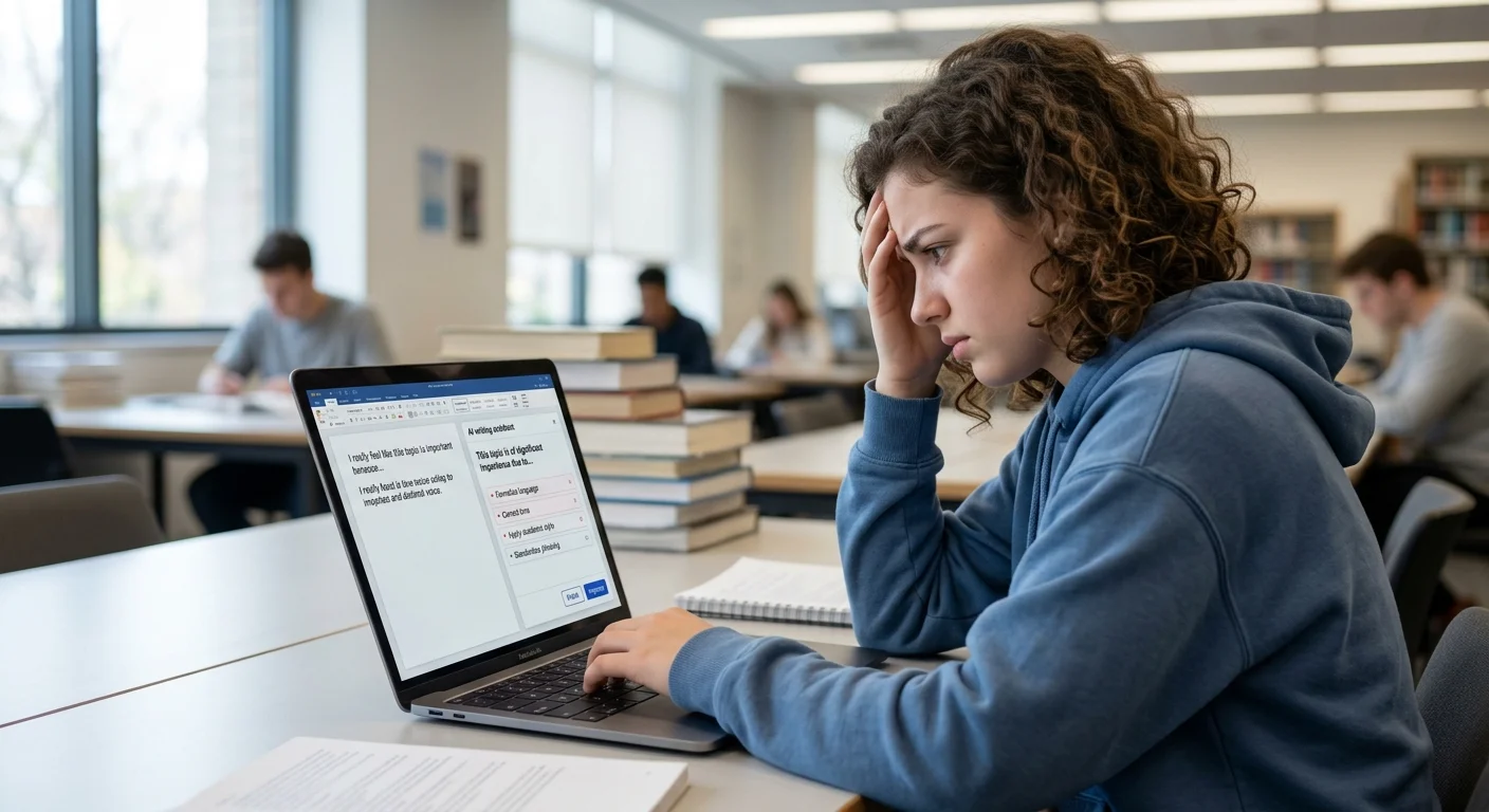A stressed student wearing a hoodie sitting at a library desk, resting her head on her hand while staring at a laptop displaying AI writing suggestions.