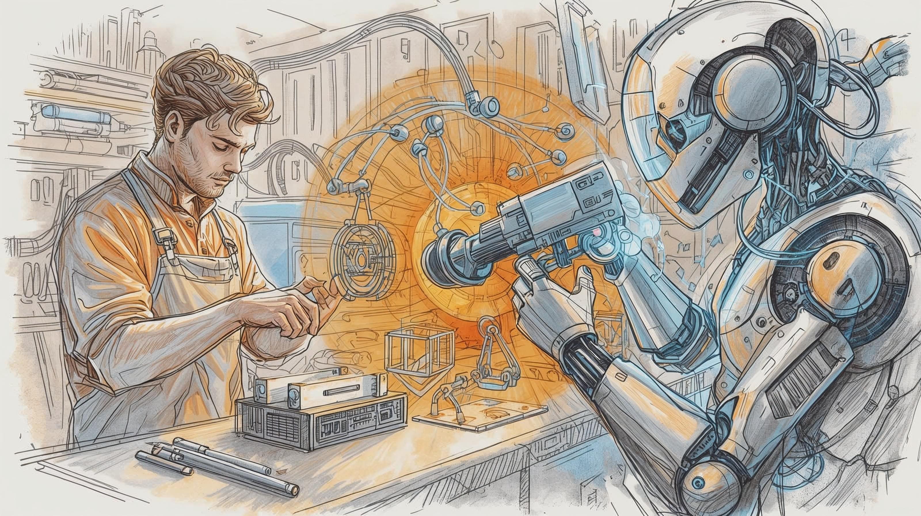 A sketch-style illustration showing a man and a humanoid robot working together at a technical workbench. On the left, a man in a shop apron leans over a component, appearing to adjust it. On the right, a sleek, robotic figure holds a specialized tool or scanner, working on the same central device. Between them, an orange glowing orb with radiating lines suggests a power source or a complex data visualization. The background is filled with technical diagrams and workshop tools, rendered in light grey and orange tones.