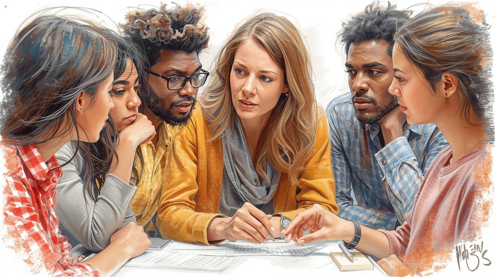 A detailed, watercolor-style illustration of a diverse group of five young professionals huddled closely around a table. A woman with blonde hair in a yellow cardigan is at the center, speaking and pointing to papers on the desk. The other four team members—two men and two women of various ethnicities—look on with expressions of intense focus and collaboration. The image has a warm, textured feel with soft charcoal-like edges against a white background.
