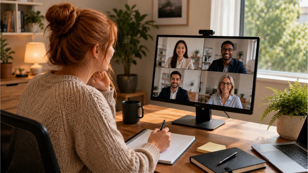 A woman with her hair in a bun sits at a wooden desk, participating in a video conference call on a large desktop monitor with four smiling colleagues.