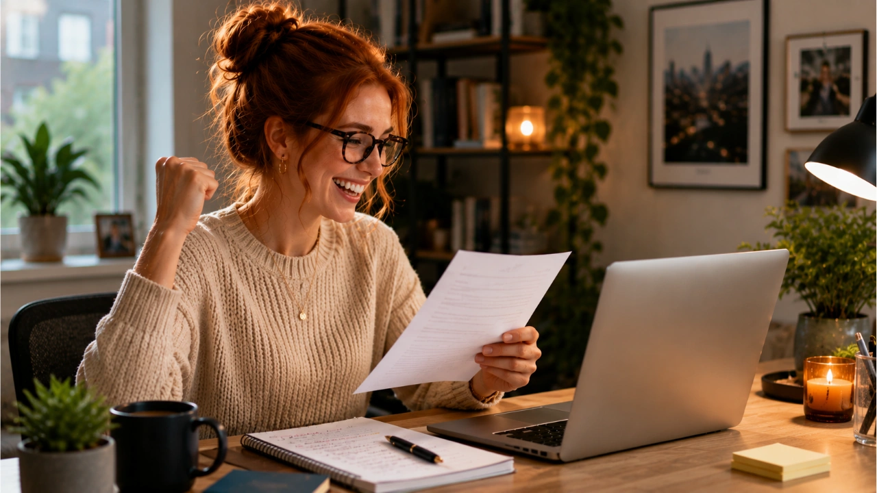 A smiling young woman with red hair and glasses sits at her home desk, holding a document and raising her fist in celebration while looking at her laptop.