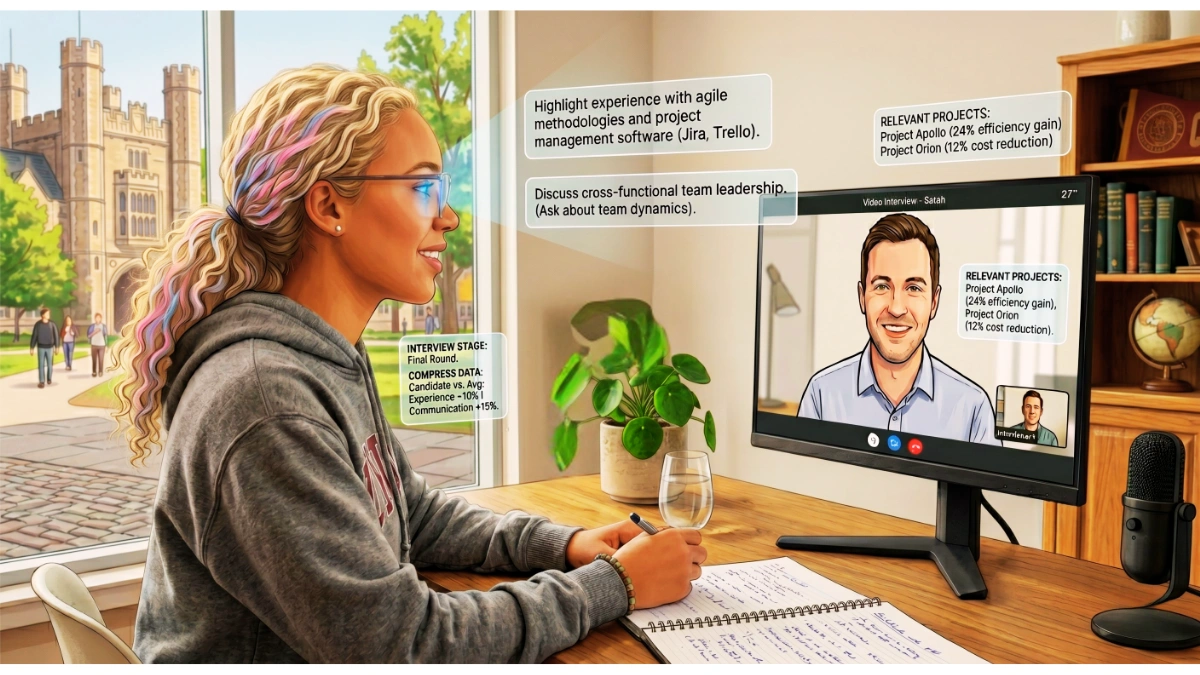 An illustration shows a woman with curly blonde and pink hair wearing smart glasses while participating in a video interview on a desktop monitor. Her glasses project several digital overlays into her field of vision, including prompts to "Highlight experience with agile methodologies" and "Discuss cross-functional team leadership." Beside her on the desk are a notebook, a glass of water, and a professional microphone. Through the window behind her, a college campus with a gothic-style stone building is visible. On the monitor, the male interviewer’s video feed also displays data overlays, such as "Relevant Projects" and "Interview Stage: Final Round.