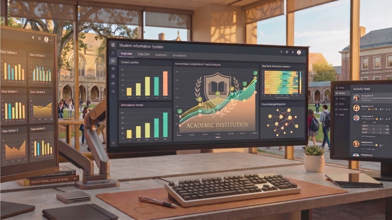 A modern desk setup featuring three computer monitors displaying an "Academic Institution" student information dashboard with bar graphs, line charts, and data analytics. Large windows in the background look out onto a sunlit, historic university campus.