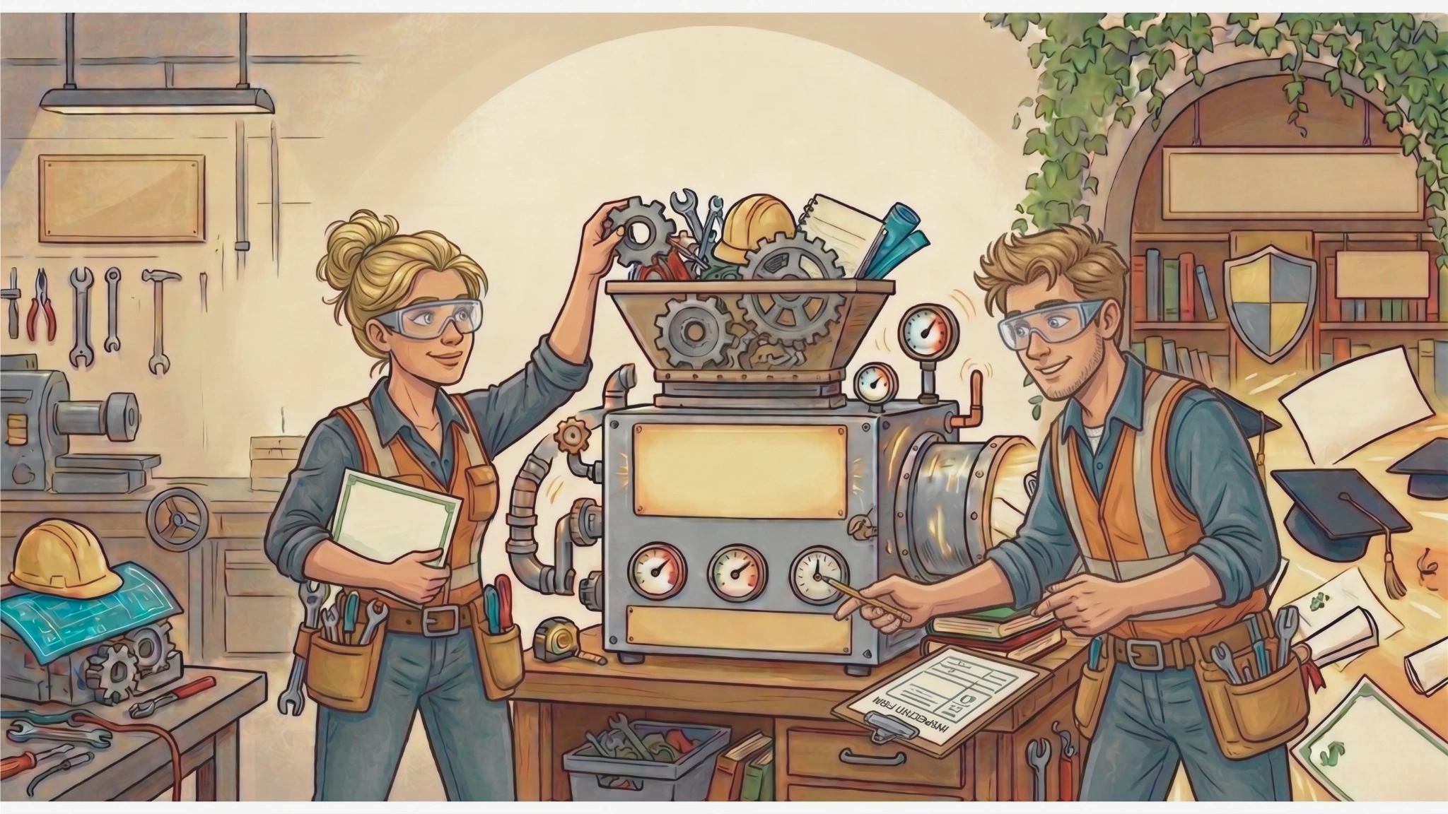 An illustrative cartoon depicting a workshop on the left and a library entrance on the right, bridging practical skills and academic credentials. On the left, a smiling blonde woman in a safety vest, goggles, and tool belt stands holding a blank certificate and placing a gear into the top hopper of a large machine. On the right, a young college-aged man with messy light brown hair, also wearing a safety vest and goggles, monitors the machine's gauges and checks a clipboard. The machine is actively processing workshop items—like gears, tools, and hard hats—and dispensing graduation caps and diplomas into the air toward the library setting on the far right.