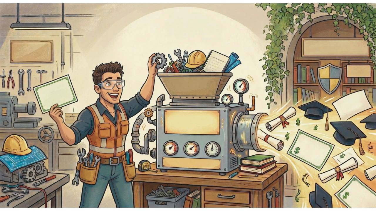 A colorful illustration of a smiling man in a workshop wearing safety glasses and a tool vest. He is feeding a gear into the top hopper of a complex machine, which is filled with tools, a hard hat, and notebooks. The machine features several pressure gauges and dials on its front. From a large pipe on the right side of the machine, a burst of graduation items—including diplomas, mortarboard caps, and dollar bills—is being flying out into the air. In the background, the workshop contains a workbench with blueprints and tools on the left, and a library room with bookshelves and a shield emblem is visible through an archway on the right.