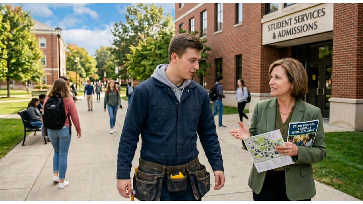 A young male student wearing a tool belt and work jacket talks with a female university official holding a campus map and brochure outside a "Student Services & Admissions" building.