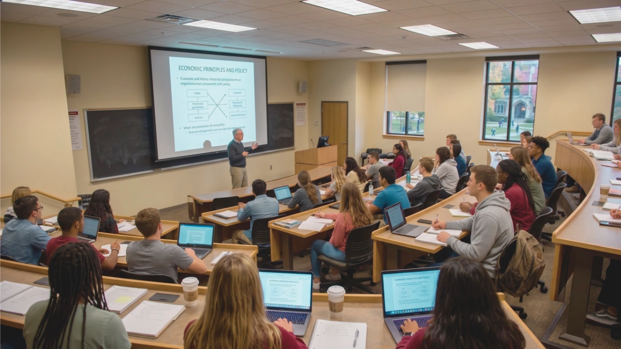 A college professor stands at the front of a tiered lecture hall, presenting a slide on economic principles to a classroom of students. Students sit at curved rows of desks with laptops, notebooks, and coffee cups, listening and taking notes. Large windows along the side of the room provide natural light, creating a typical university classroom setting.