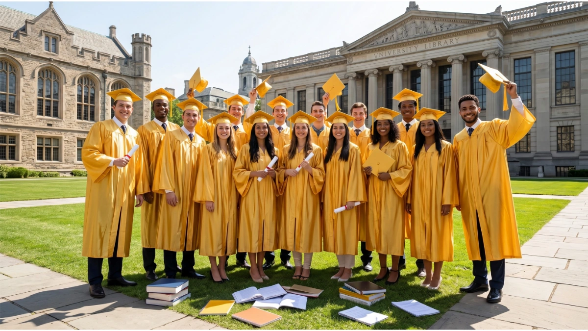 A group of approximately fifteen graduates stands together on a sunny university campus, posing for a celebratory photo. They are all wearing matching, shimmering gold graduation gowns and caps. Several graduates hold rolled diplomas, while others raise their caps in the air in a gesture of celebration.