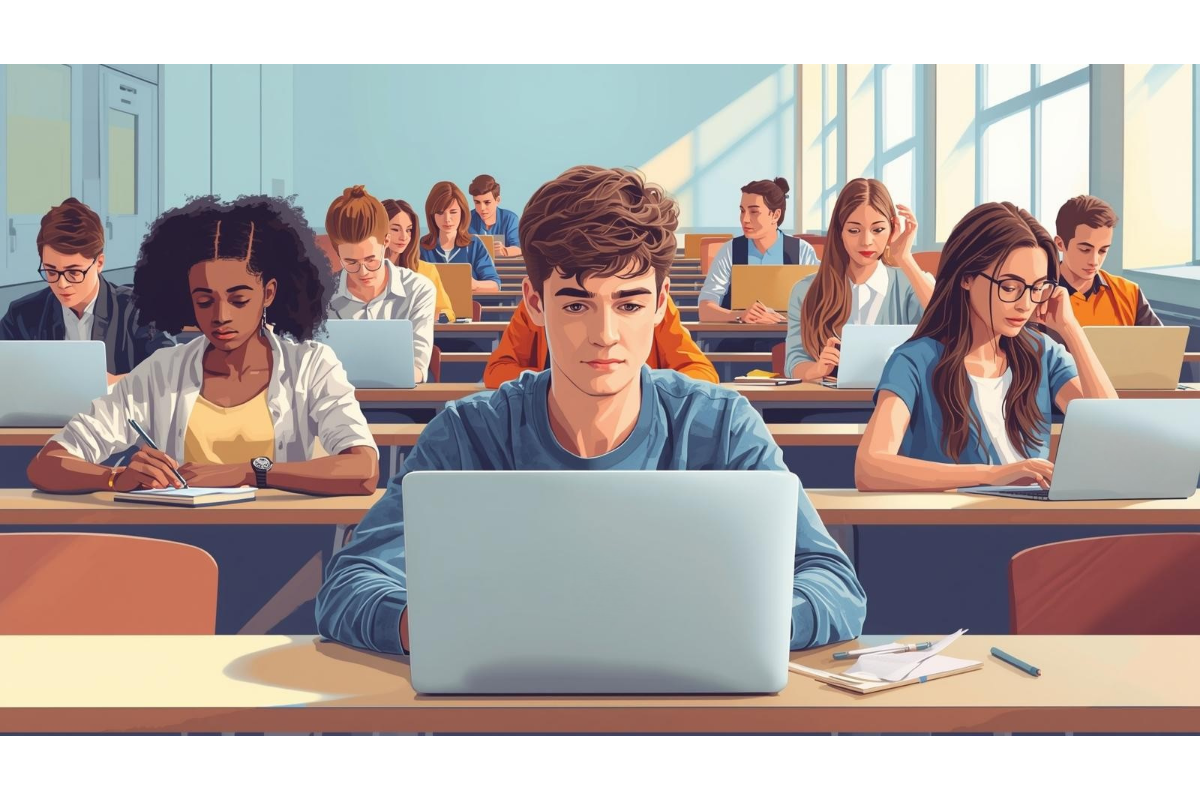 A vibrant digital illustration of a diverse group of students in a modern university lecture hall. The central focus is on a young man with wavy brown hair working on a silver laptop. To his left, a woman with a dark afro is taking handwritten notes, and to his right, a woman with long brown hair and glasses is also typing on a laptop. Rows of other students fill the background, all appearing focused on their work. Large windows on the right side of the room let in bright, natural light, creating a clean and studious atmosphere.