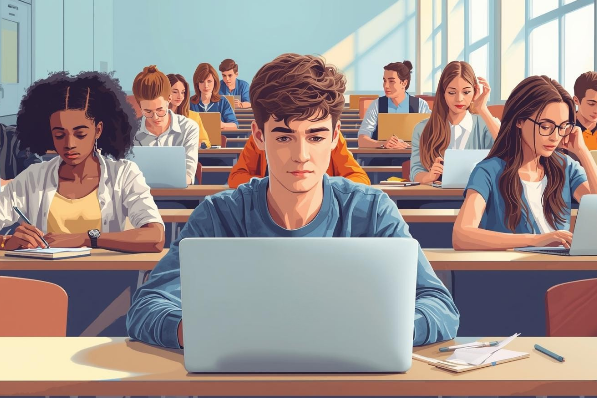 A vibrant digital illustration of a diverse group of students in a modern university lecture hall. The central focus is on a young man with wavy brown hair working on a silver laptop. To his left, a woman with a dark afro is taking handwritten notes, and to his right, a woman with long brown hair and glasses is also typing on a laptop. Rows of other students fill the background, all appearing focused on their work. Large windows on the right side of the room let in bright, natural light, creating a clean and studious atmosphere.