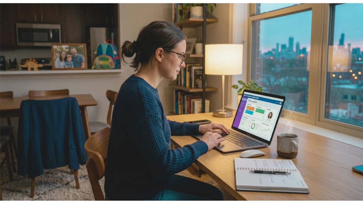 A side profile of a woman with glasses and dark hair tied in a bun, sitting at a wooden desk in a well-lit apartment. She is focused on a laptop displaying a colorful data dashboard. On the desk are a smartphone, a computer mouse, a steaming mug of coffee, and an open notebook with a pen. Behind her, a warm lamp glows, and a large window offers a view of a city skyline at twilight. In the background, a kitchen area and a dining table with a framed family photo are visible.