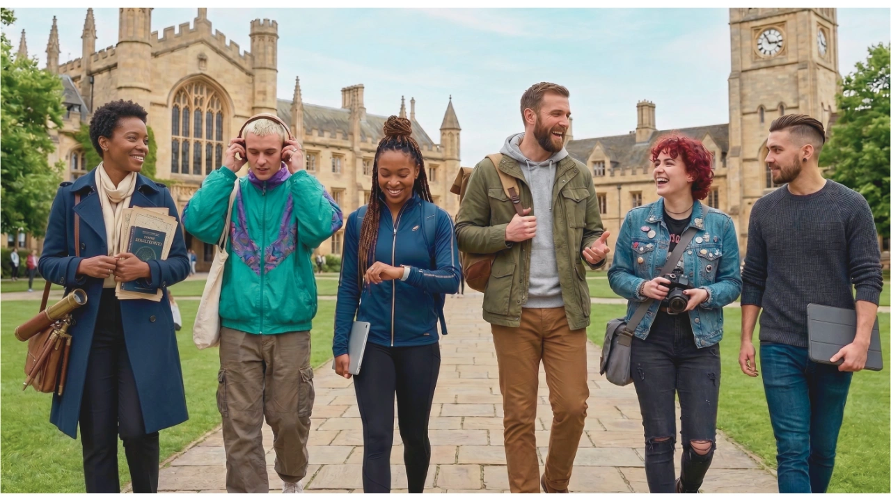 A group of six diverse, young adults are laughing and talking while walking side-by-side down a stone path on a university campus. They are dressed in casual, eclectic autumn clothing and carrying items like books, a laptop, headphones, and a camera. In the background is a large, historic university building with gothic architecture and a prominent clock tower under a cloudy sky.