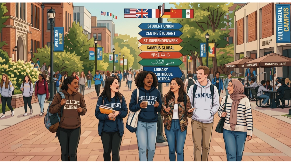 An illustration of a diverse group of college students walking and talking on a sunny university campus. In the foreground, six students of various backgrounds walk toward the viewer, smiling and engaging in conversation. They are dressed in casual collegiate attire, such as hoodies and jeans. In the center of the scene stands a large, multi-directional signpost. The signs on the post point to various campus locations like "Student Union" and "Library," with each destination written in multiple languages including English, French, German, Spanish, Chinese, and Arabic. National flags from the United States, United Kingdom, France, Germany, China, and Mexico are displayed at the top of the signpost. The background features brick academic buildings, a "Campus Café" with outdoor seating, and other students strolling along the brick pathways. A blue banner on a lamp post reads "Welcome Home," and a vertical banner on a building to the right says "Multilingual Campus