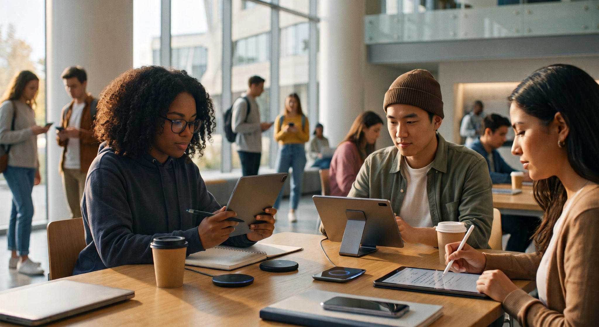 A group of three diverse students sitting around a wooden table in a busy, modern university building. On the left, a Black woman with glasses writes on a tablet with a stylus. In the middle, a young man wearing a beanie looks at a tablet on a stand. On the right, a woman writes on a tablet with a stylus. Coffee cups and devices rest on the table while other students walk in the background.