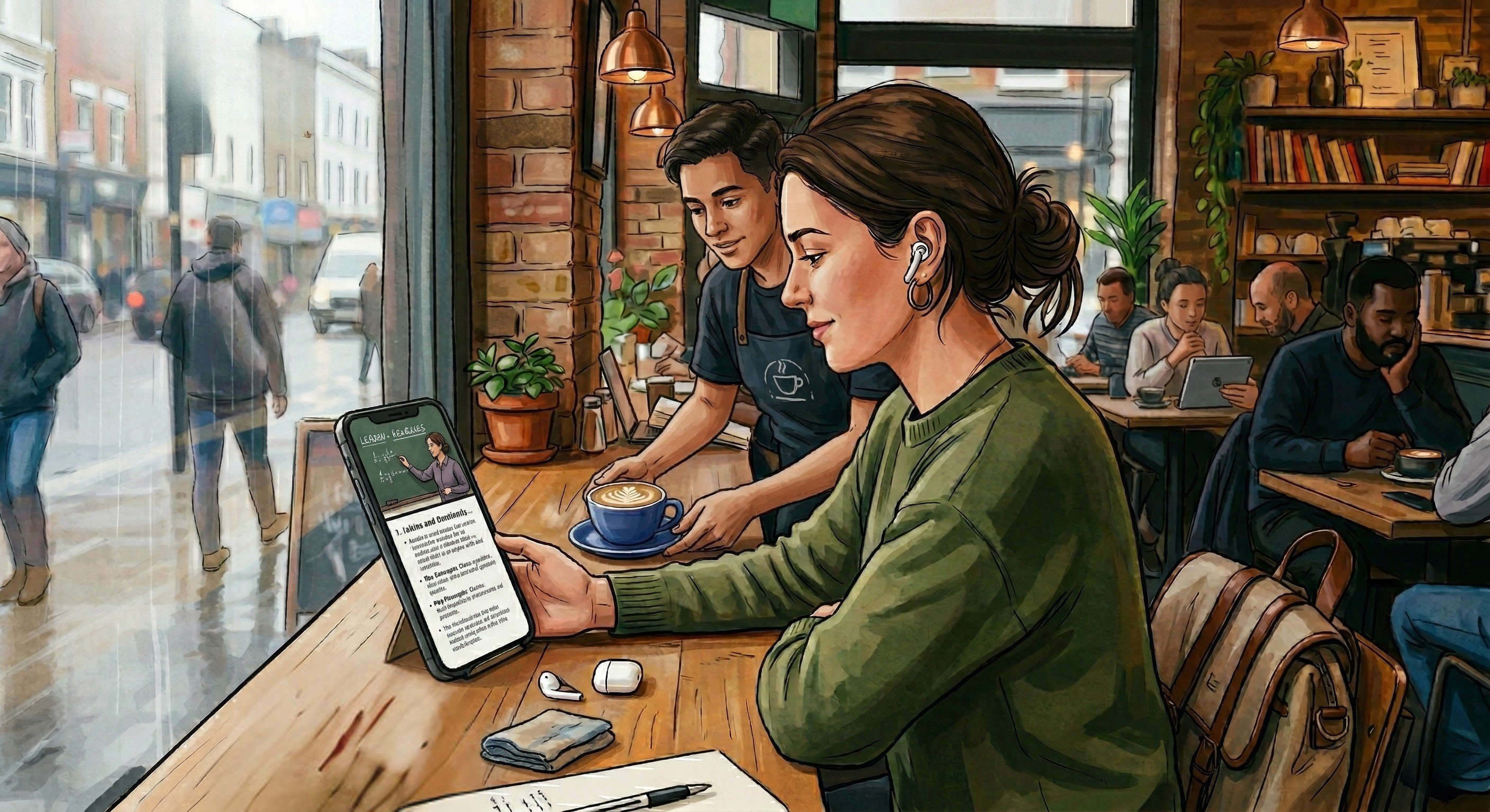 A warm, stylized illustration of a woman wearing a green sweater and white wireless earbuds, sitting at a wooden counter inside a bustling cafe named "THE DAILY GRIND" on a rainy day. A barista in an apron is placing a cup of latte in front of her. She is holding her smartphone, which is displaying an online video lesson with visual equations and supporting text, titled "LESSON: CALCULUS." Another cup of latte, an open notebook with a pen, a folded cloth, and her earbud case are also on the counter. The large window behind her looks out onto a wet city street with pedestrians carrying umbrellas. Other diverse patrons are sitting at tables in the blurred background.