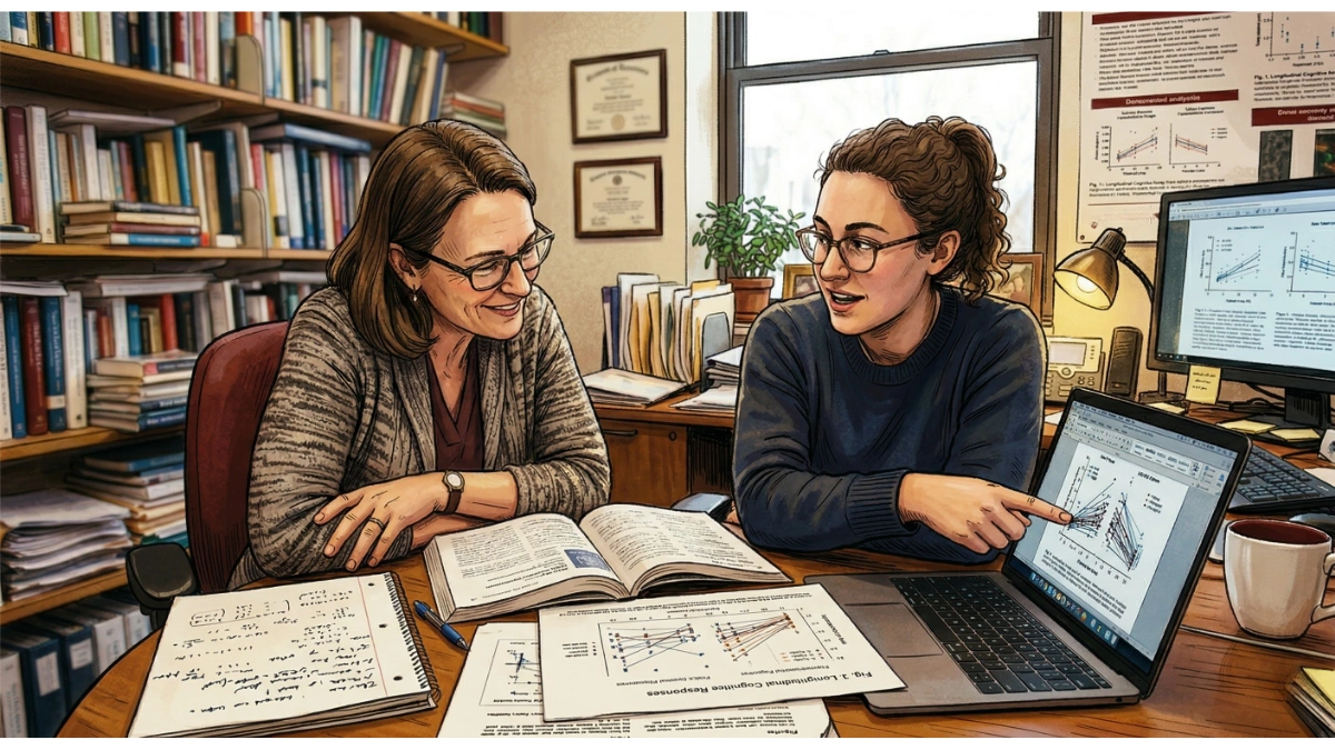 The image you've shared captures a mentorship moment—likely in an academic or research setting—where a mentor and student are collaborating over data. This scene perfectly illustrates the 5C Mentorship Model shown in your flowchart.
