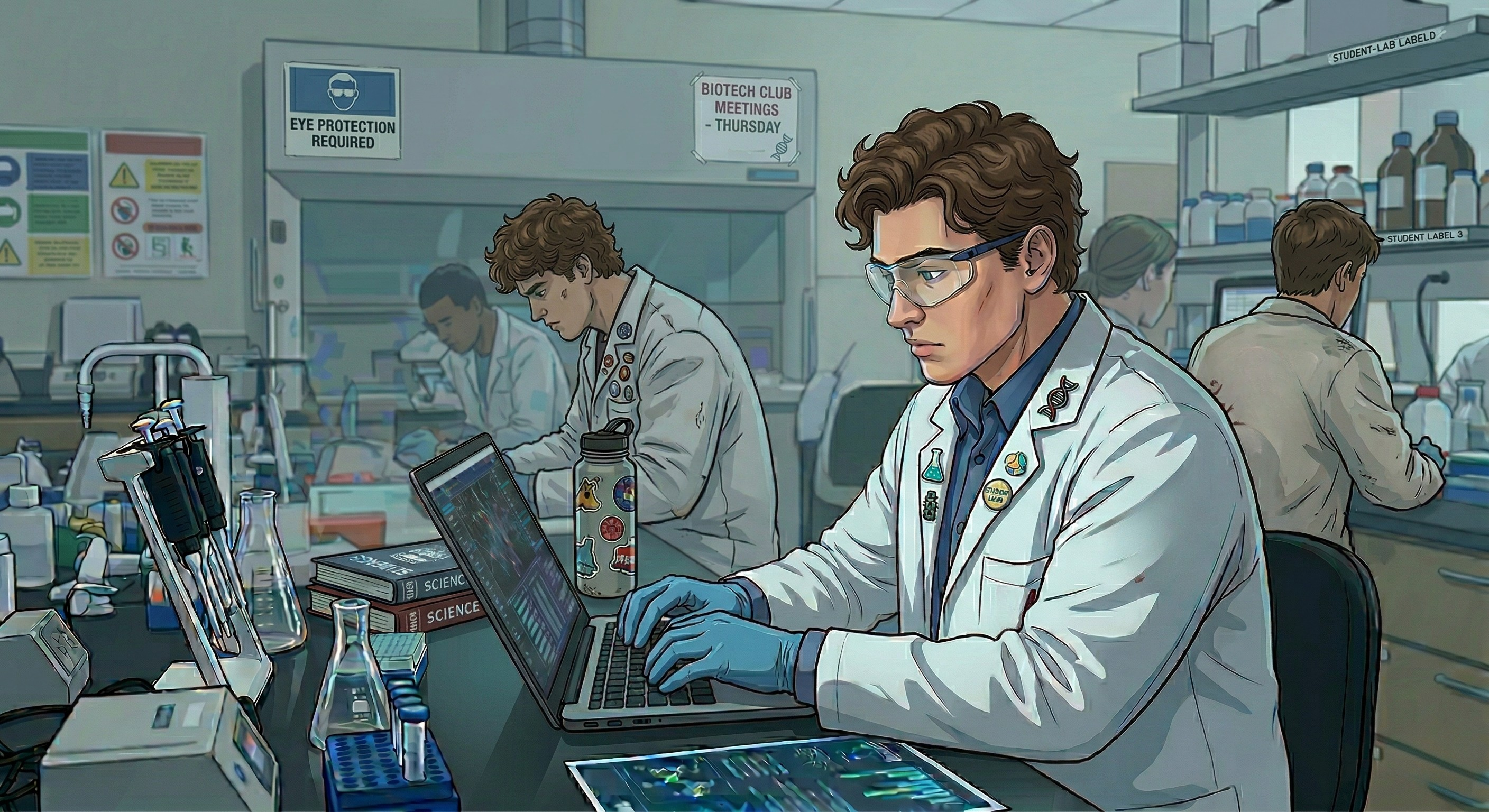 An illustration of a modern university biotechnology laboratory where several students in white lab coats are working. In the foreground, a student with brown curly hair wears safety goggles and blue gloves while typing on a laptop. His lab coat is adorned with pins, including a DNA double helix and a "Student Union" badge. The workstation is crowded with scientific equipment, including pipettes, Erlenmeyer flasks, and textbooks titled "SCIENCE."