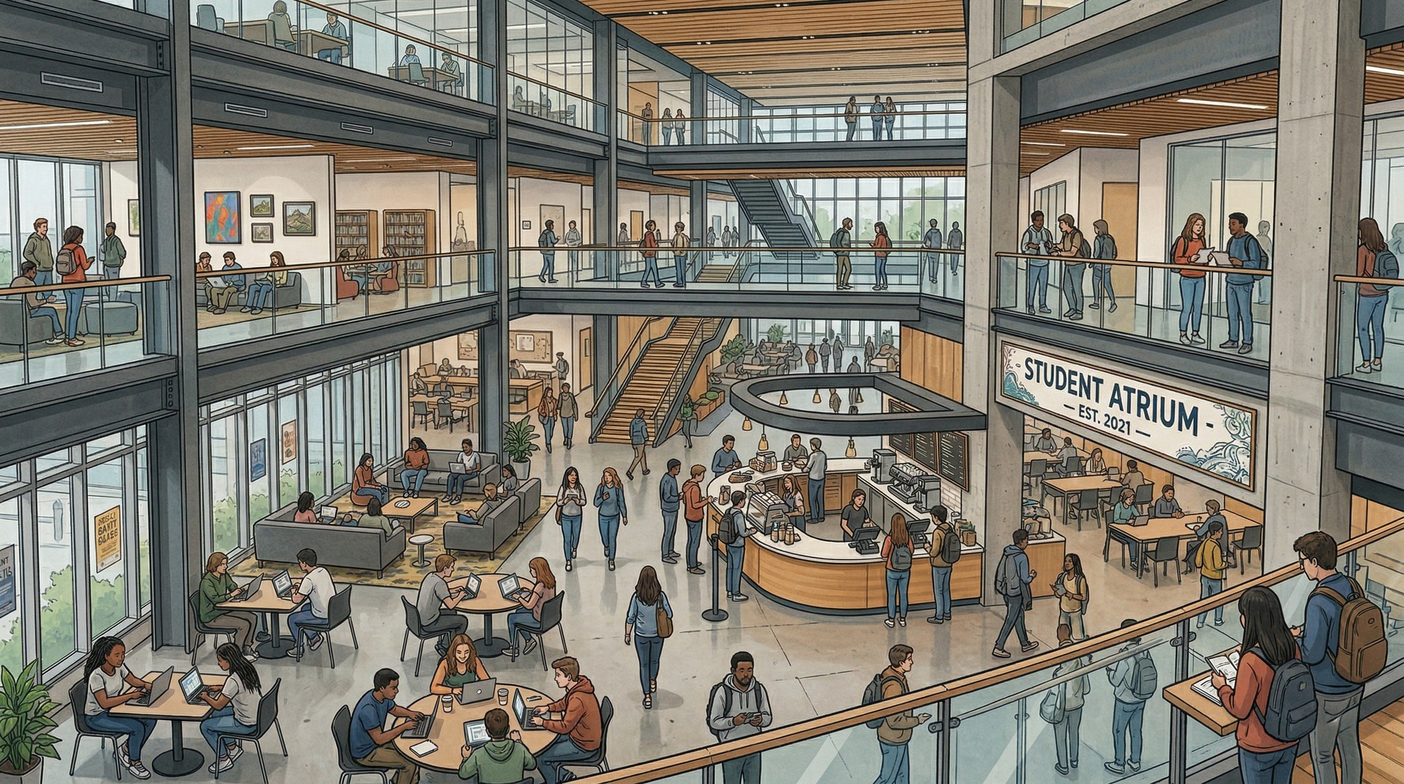 An illustration of a bustling, modern multi-level university student atrium with an open-concept architectural design