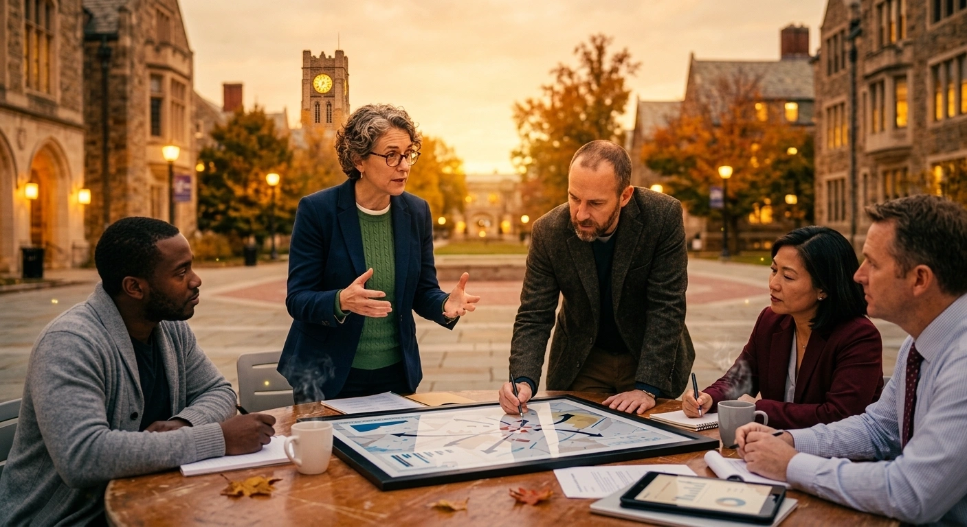 A diverse team of five individuals sitting around an outdoor wooden table in front of collegiate gothic campus buildings during golden hour. A woman with short grey hair and glasses stands speaking gesturing with her hands, while a man next to her leans over pointing at a large framed diagram on the table. Other colleagues listen attentively with notebooks, pens, coffee mugs, and a tablet spread out on the table amidst fallen autumn leaves.