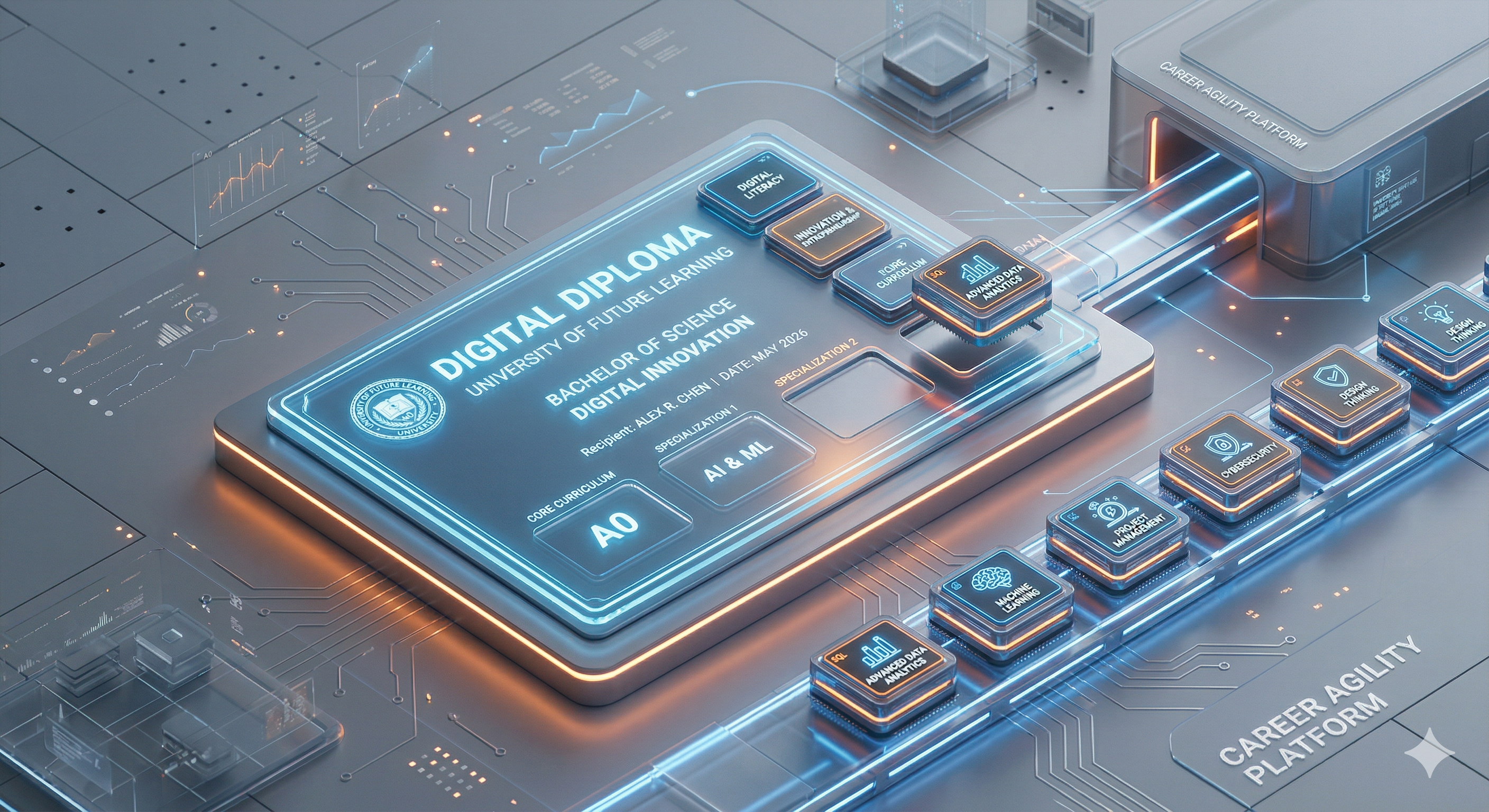 The interface features modular blocks for "Core Curriculum" (labeled AO) and "AI & ML" specializations. To the right, several small, glowing cubes representing micro-credentials—such as Advanced Data Analytics, Machine Learning, Project Management, and Cybersecurity—are being processed through a "Career Agility Platform." The entire scene is set against a dark gray circuit-board background with orange and blue light accents.