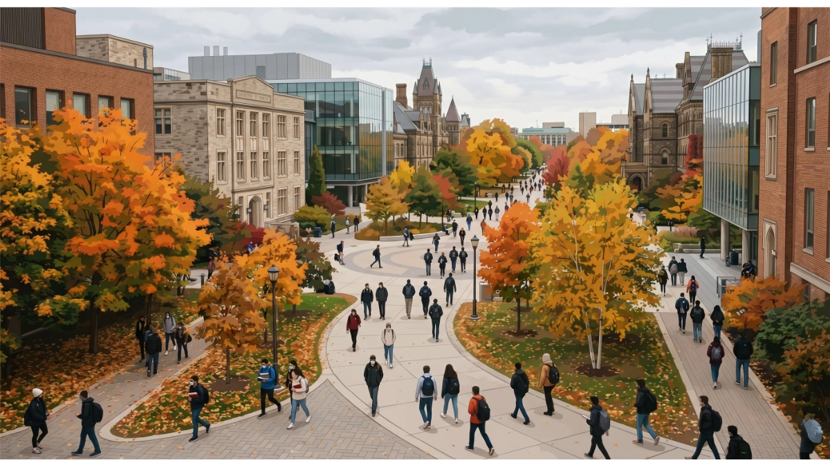 vibrant, stylized illustration of a bustling university campus during the autumn season. A wide, light-gray paved path curves through the center of the frame, filled with numerous students walking in various directions. Many of the students carry backpacks or shoulder bags, and some appear to be wearing face masks. The landscape is dominated by large, leafy trees in brilliant shades of orange, yellow, and red, with fallen leaves scattered across the grassy areas and walkways.