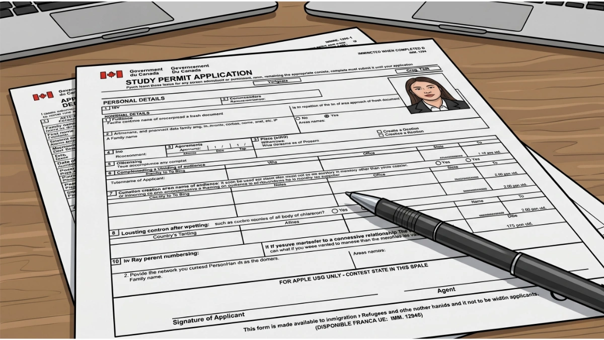 a digital illustration showing a Canadian Study Permit Application form resting on a wooden desk. The document features the "Government of Canada" logo and the heading "STUDY PERMIT APPLICATION" in bold letters. A small passport-style photo of a woman with long dark hair is positioned in the upper right corner of the form. A black and silver pen lies diagonally across the bottom half of the paper, as if someone just finished filling it out. In the blurred background, the edges of two silver laptops are visible, suggesting a workspace or study environment.
