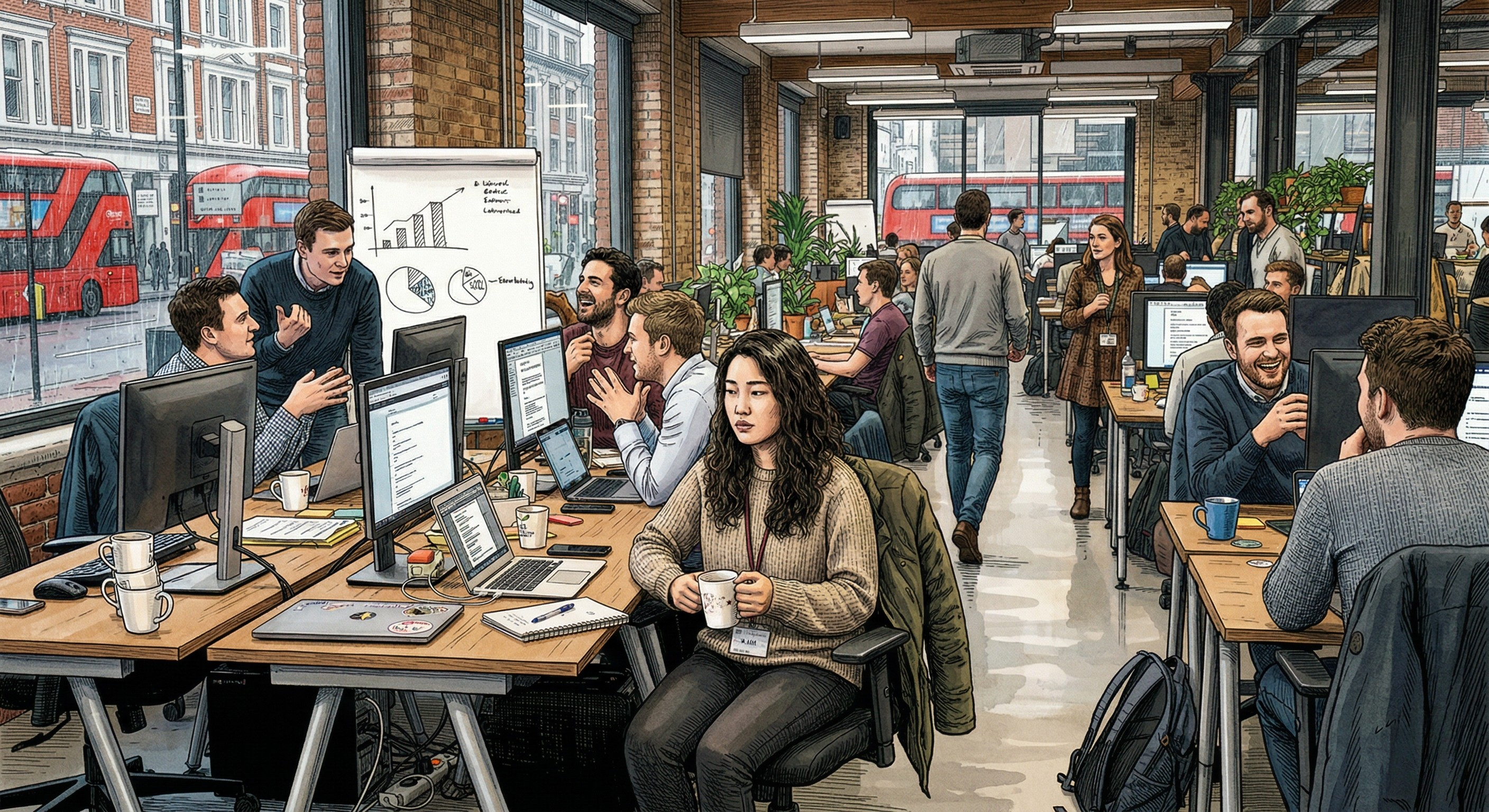 An architectural illustration of a vibrant, open-plan office during a rainy day in London. Through large floor-to-ceiling windows, several iconic red double-decker buses are visible on a wet city street lined with historic brick buildings.