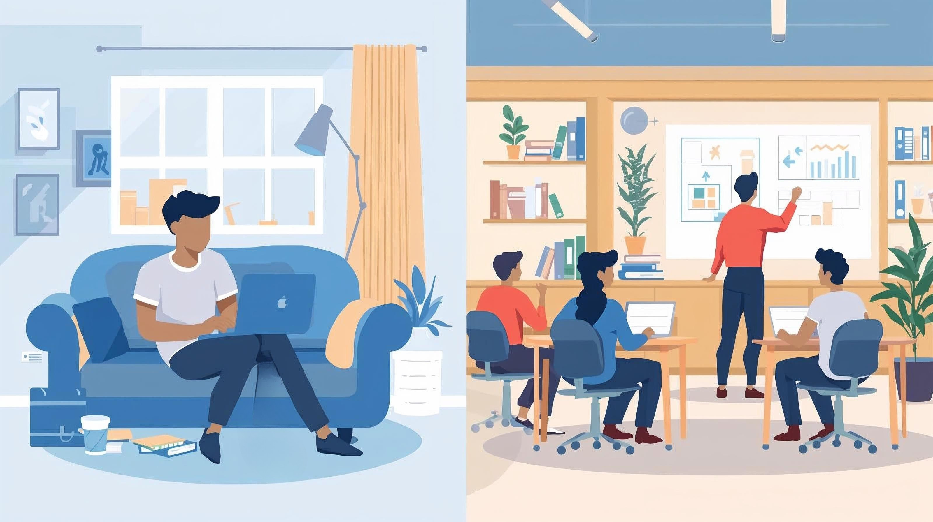 A split-screen vector illustration comparing individual remote study with a collaborative classroom setting. * The left panel shows a young man sitting on a blue sofa in a bright living room, working on a laptop. The space is calm and minimalist, decorated with framed art and a large window.