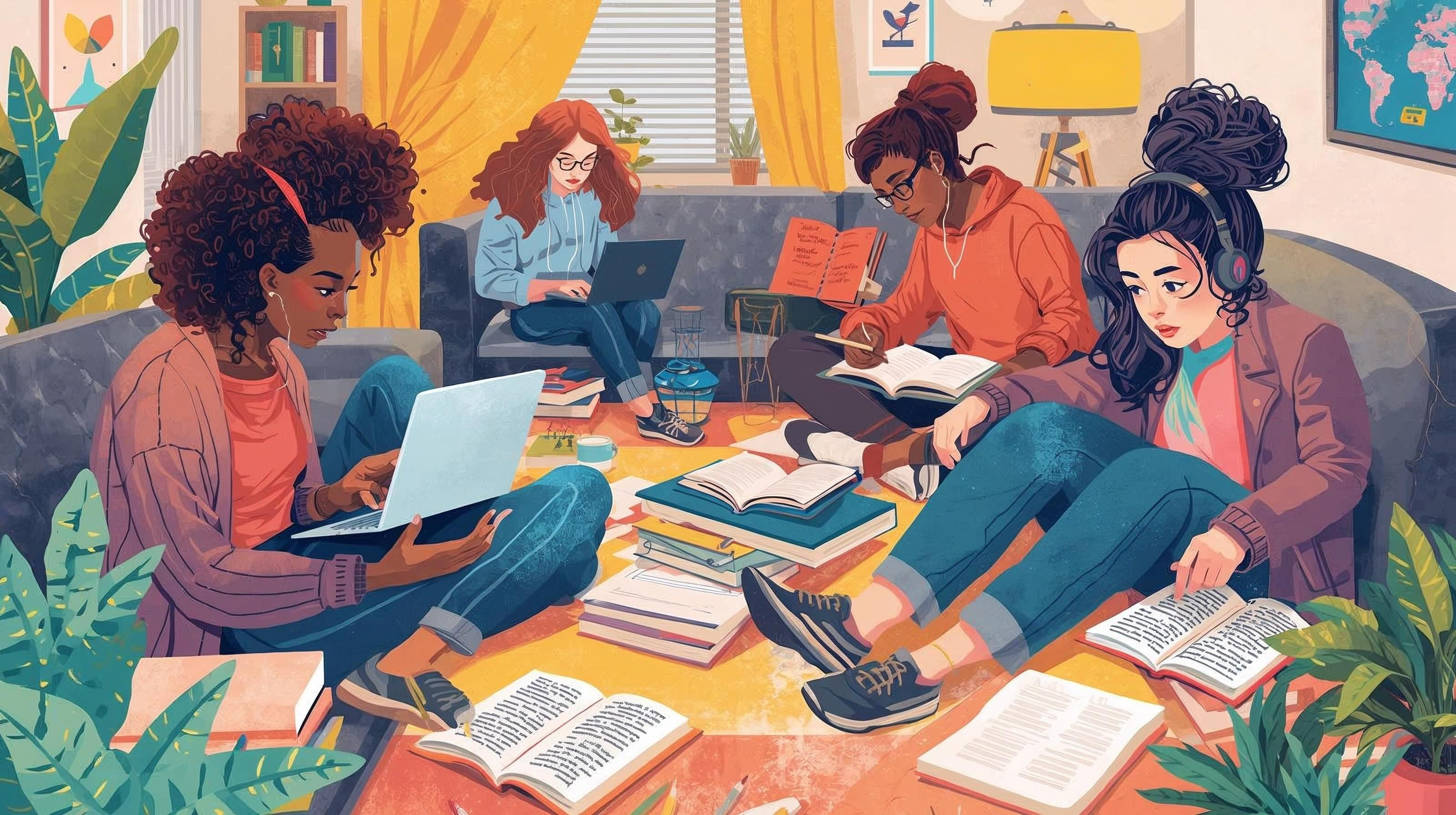 A vibrant, detailed digital illustration of four young women studying together in a cozy living room. The students are spread across the floor and a gray sofa, surrounded by a large collection of open textbooks and notebooks. Two of the women are focused on their laptops with headphones on, while the others are actively writing and reading. The room is filled with warm colors, lush indoor plants, a yellow lamp, and a world map on the wall, creating an atmosphere of intense but collaborative academic work.