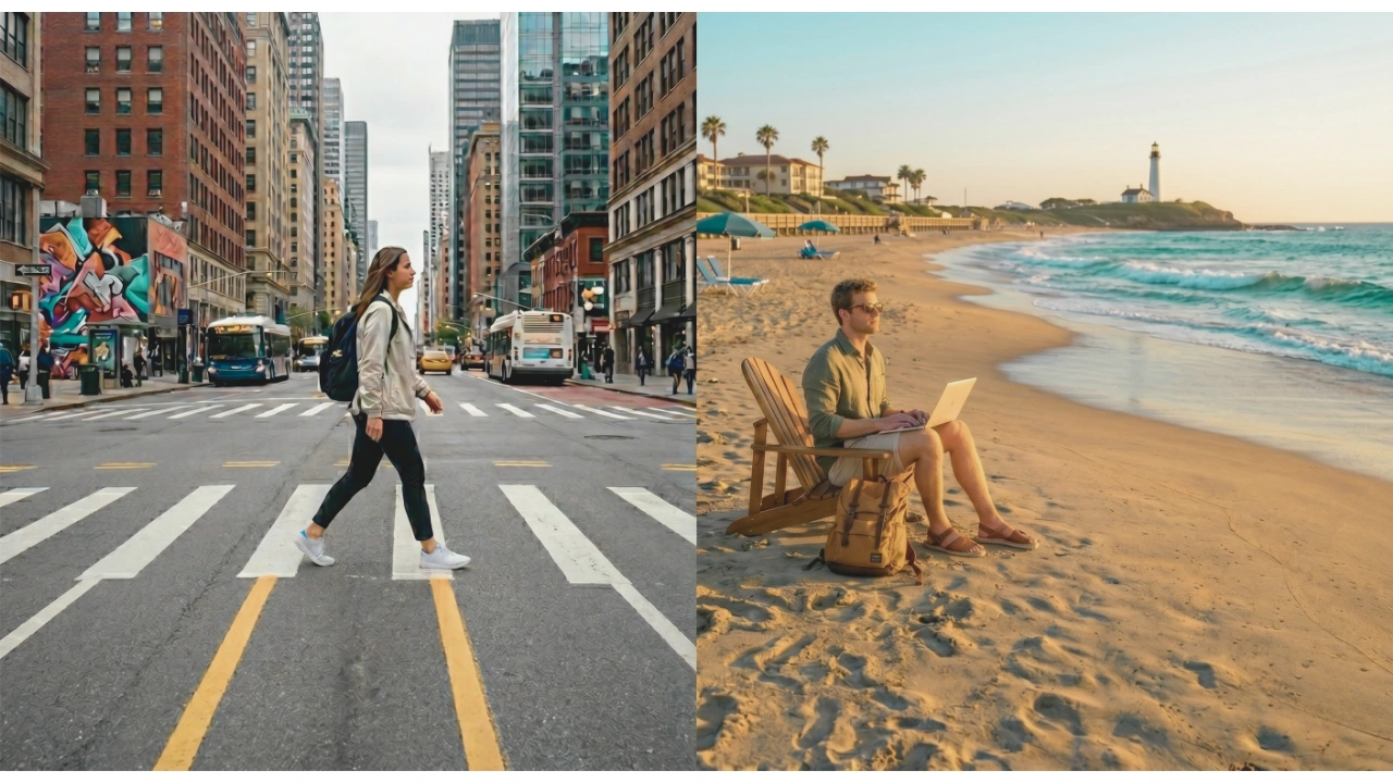 A side-by-side split-screen image contrasting a bustling city lifestyle with a remote seaside workspace.
