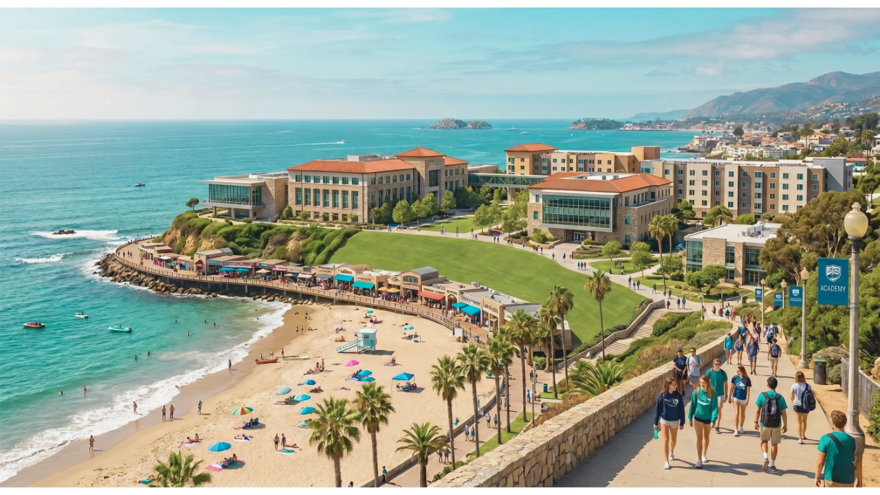 A wide, elevated, sunny view of a scenic coastal university campus situated right next to a sandy beach and turquoise ocean.