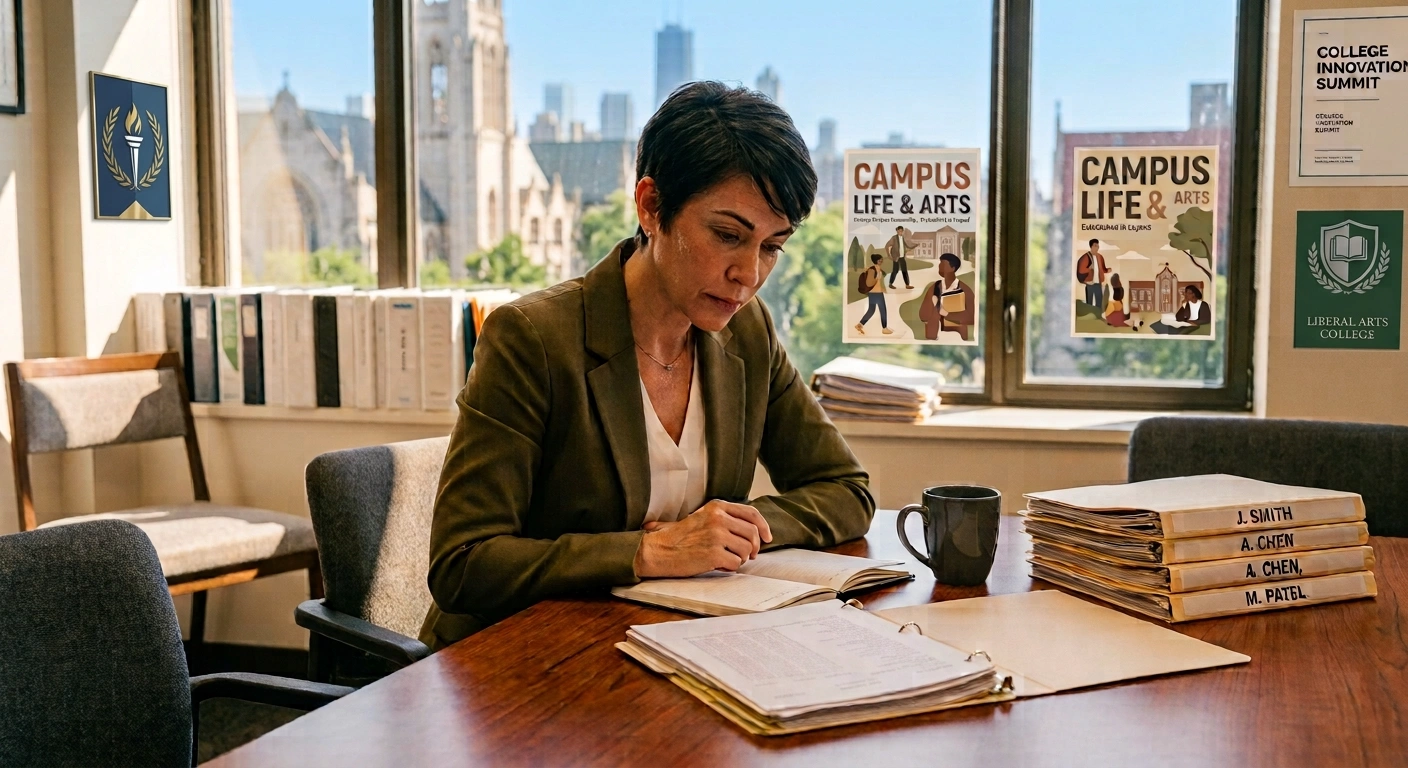 A college admissions officer sitting at a wooden conference table in a sunlit office, carefully reviewing application files and open documents. Stacks of folders with applicant names sit on the table alongside a coffee mug, with campus posters mounted on the walls and a city campus view visible through the window.