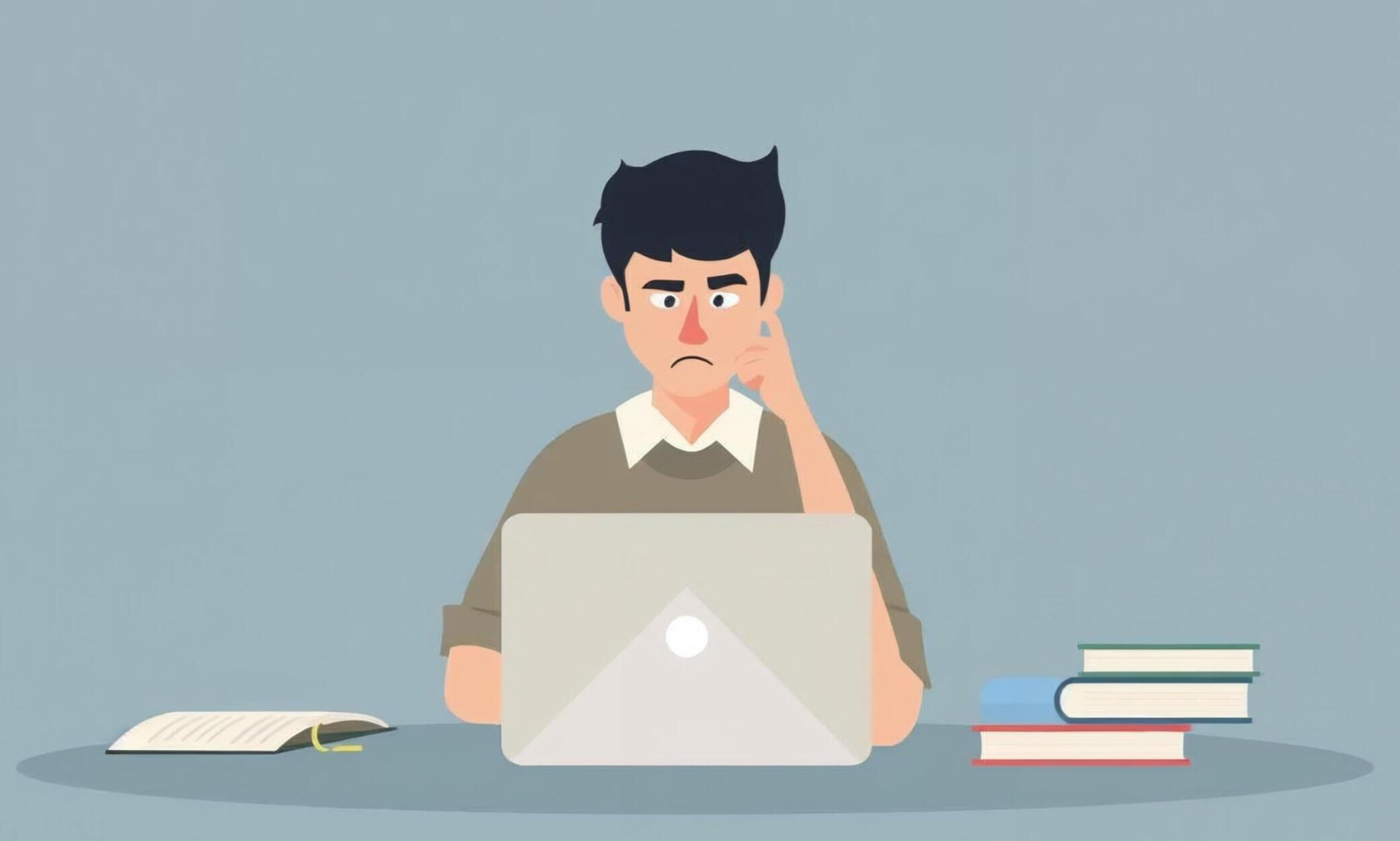 A digital illustration of a young man sitting at a desk, looking at a laptop screen with a confused, stressed, or uncertain expression. He has his hand raised to his face in a pensive gesture. On the desk, there is an open notebook on his left and a small stack of books on his right, suggesting a study or work session that has encountered a challenge.