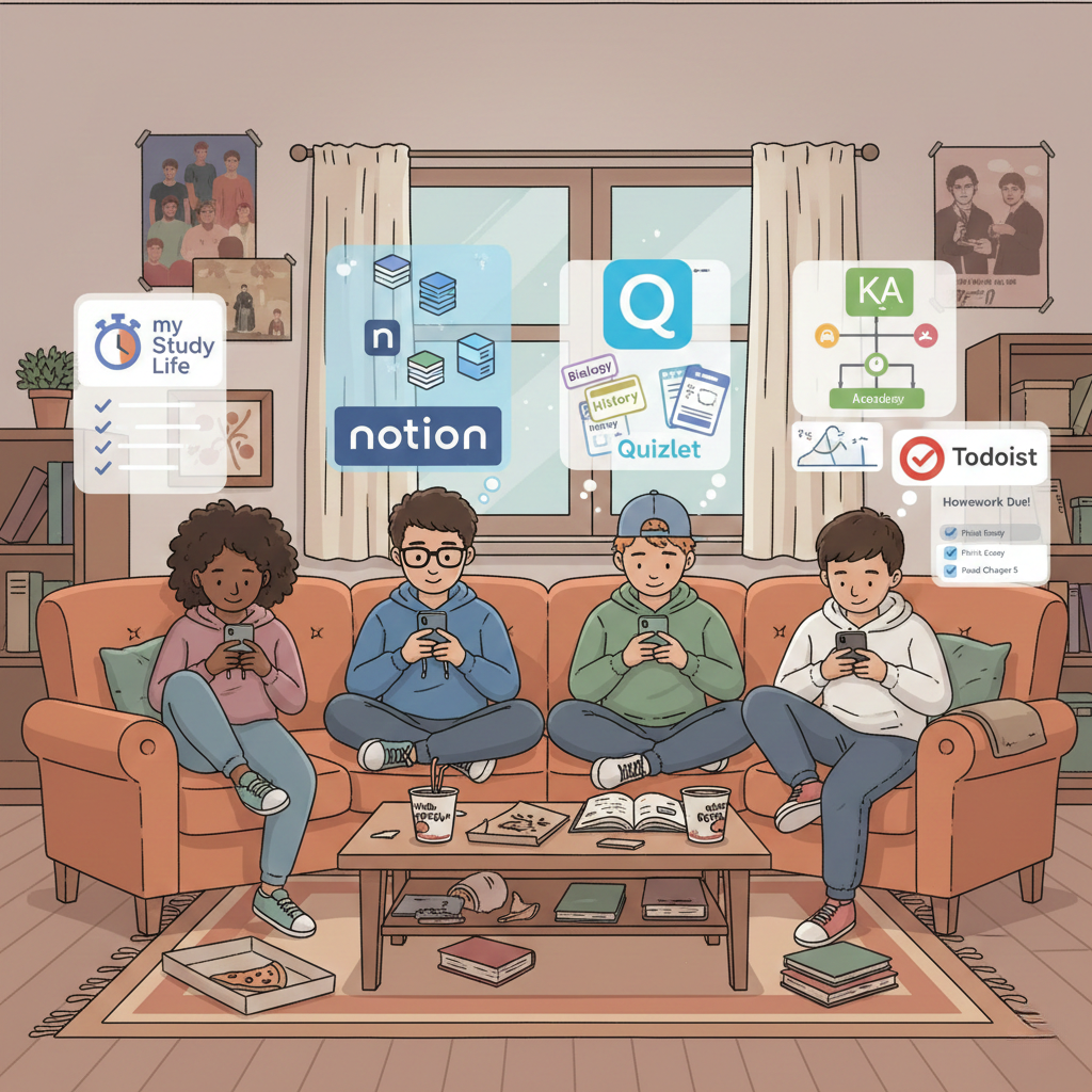 A cozy cartoon illustration of four diverse students sitting on a large orange sofa in a dorm room or living room. Each student is looking down at their smartphone. Above each person’s head is a thought bubble containing a specific digital study tool