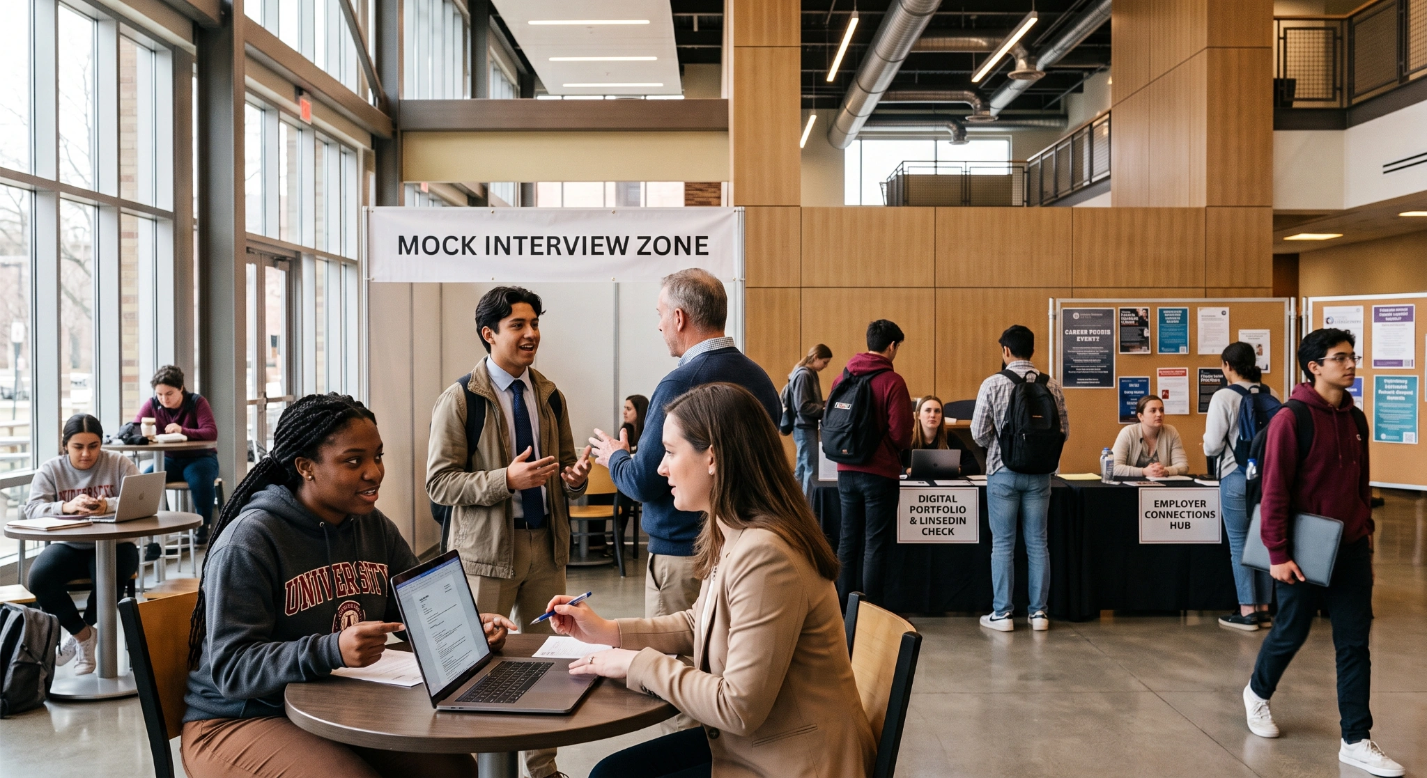 Students and advisors interacting in a university career hall, featuring stations marked "Mock Interview Zone," "Digital Portfolio & LinkedIn Check," and "Employer Connections Hub.