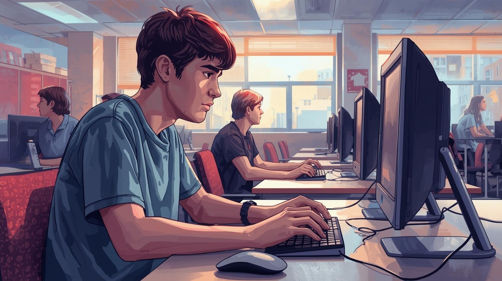 A stylized illustration of a young man with dark hair sitting in a computer lab, focused on a large monitor while typing. He wears a blue t-shirt and a watch. Several other students are visible in the background, also working at individual computer stations arranged in rows. The room is filled with soft, natural light coming from large windows, and the art style features clean lines with a warm, sunset-toned color palette.