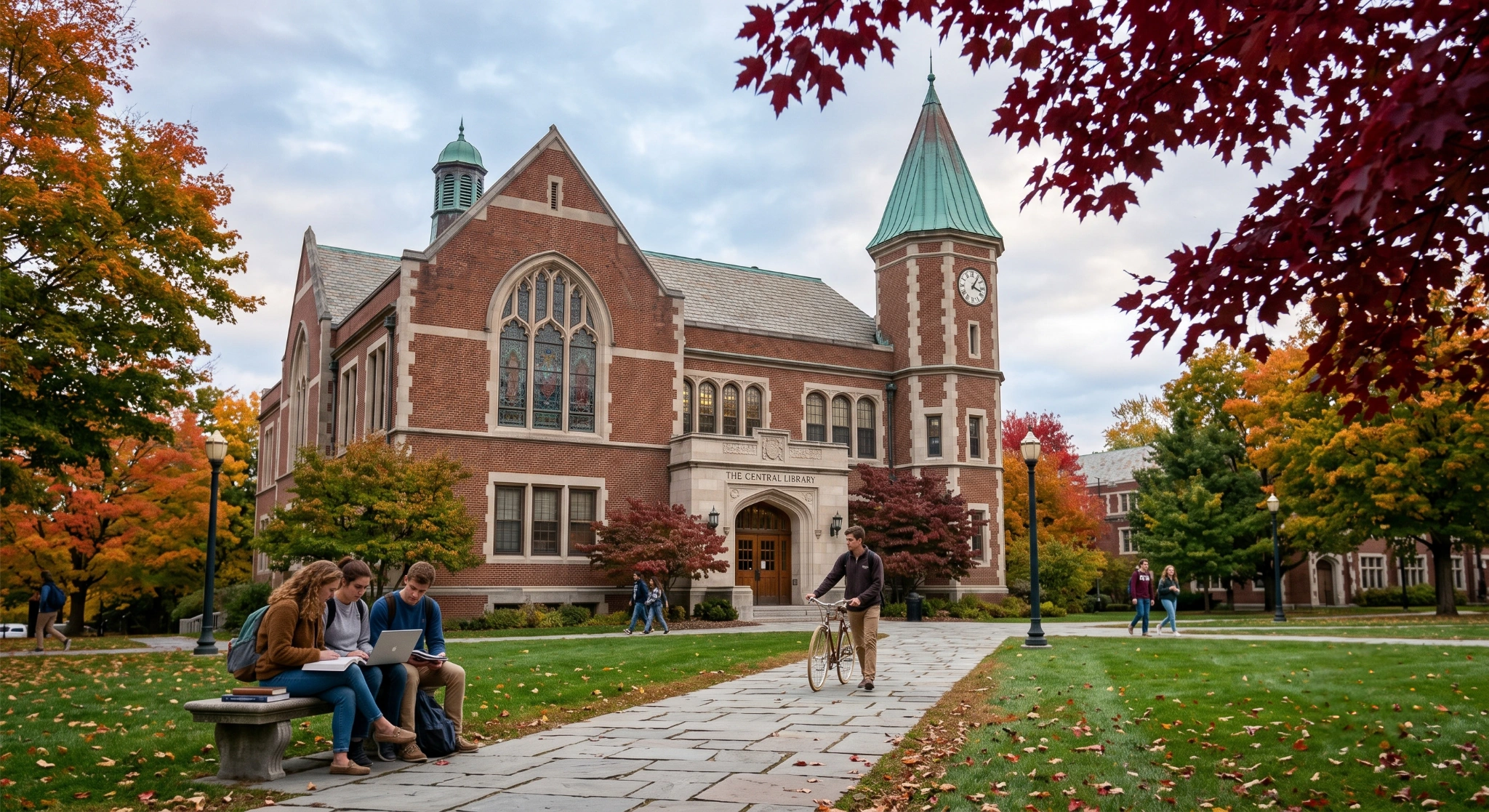 "An autumn campus scene featuring a grand red-brick building labeled 'The Central Library' with a green copper-spired clock tower. In the foreground, three students sit together on a stone bench studying with a laptop, while another student walks a bicycle along a stone pathway leading to the library. Vibrant red and yellow fall foliage frames the scene."