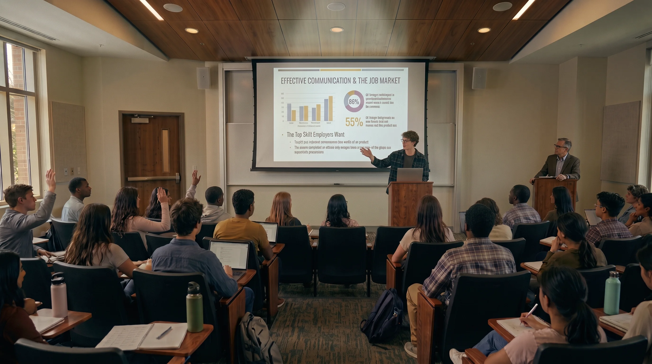 A wide shot of a tiered college classroom. A male presenter in casual clothing stands at a wooden podium at the front, gesturing with one hand toward a large projector screen displaying charts and statistics about employer demand for communication skills. An older instructor stands to the right at a separate stand. In the audience, several students sit facing forward with laptops and notebooks, with a couple of students on the left raising their hands to ask questions.